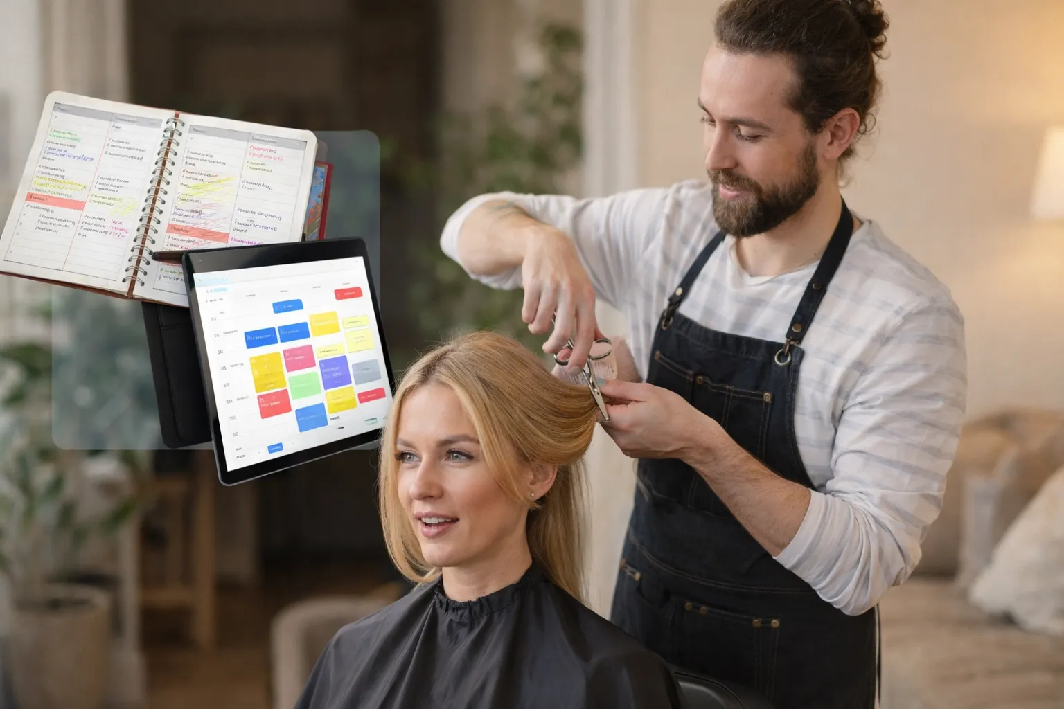 Coiffeuse itinérante consultant son planning de rendez-vous à domicile sur son téléphone